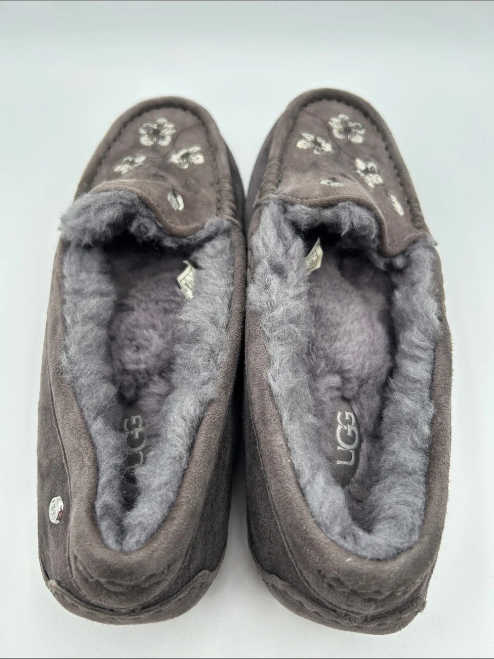 UGG Ansley Blossom Gray Suede Moccasin Slippers with Plush Shearling Lining - Picture 6 of 16